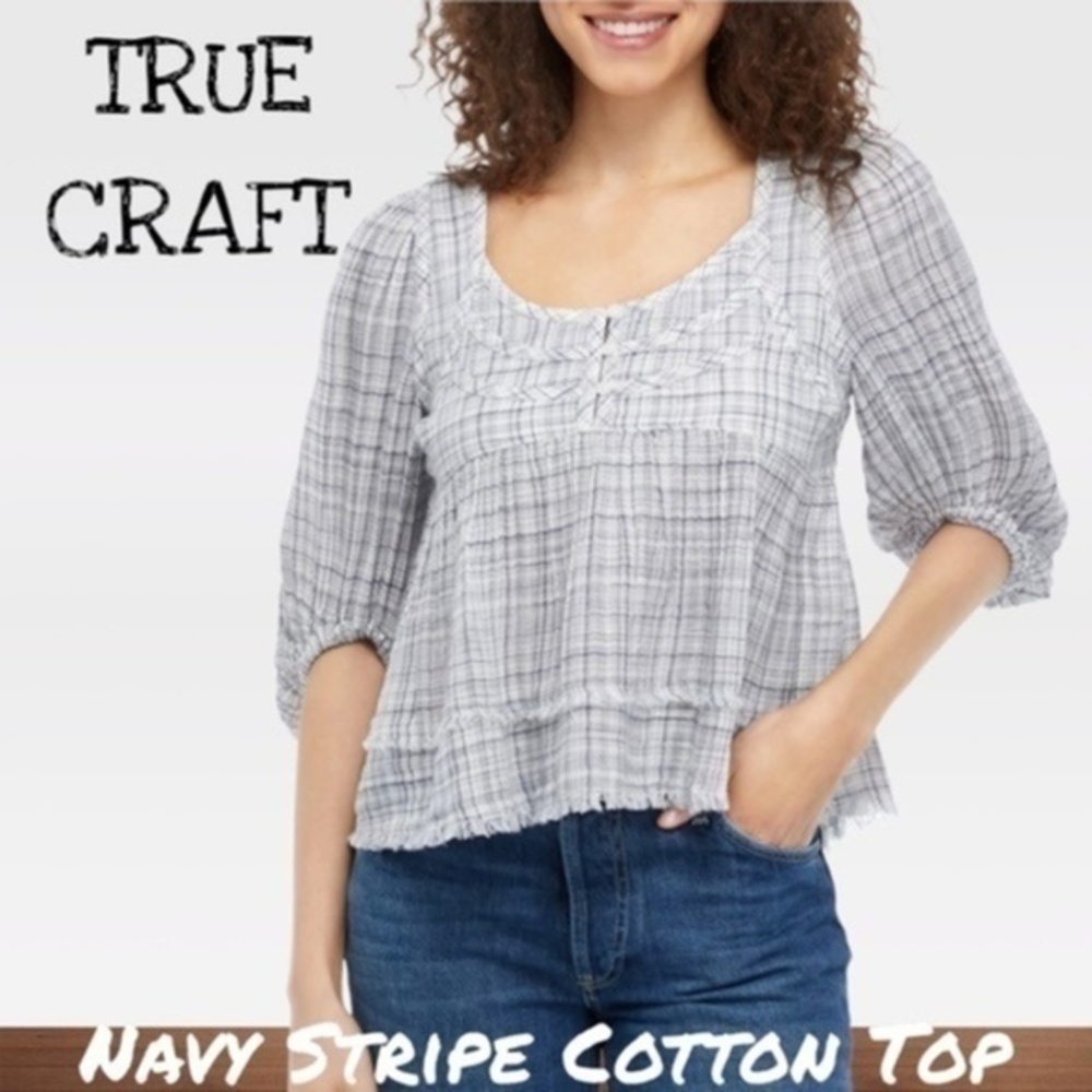 TRUE CRAFT Button Front Smocked Blouson Sleeve Cotton Top-Navy Print/Lg/NWT